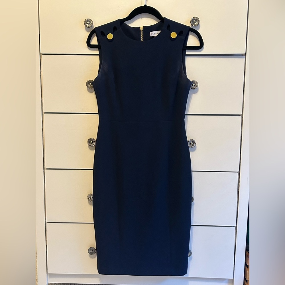 Calvin Klein Navy Midi Dress with Gold Accents